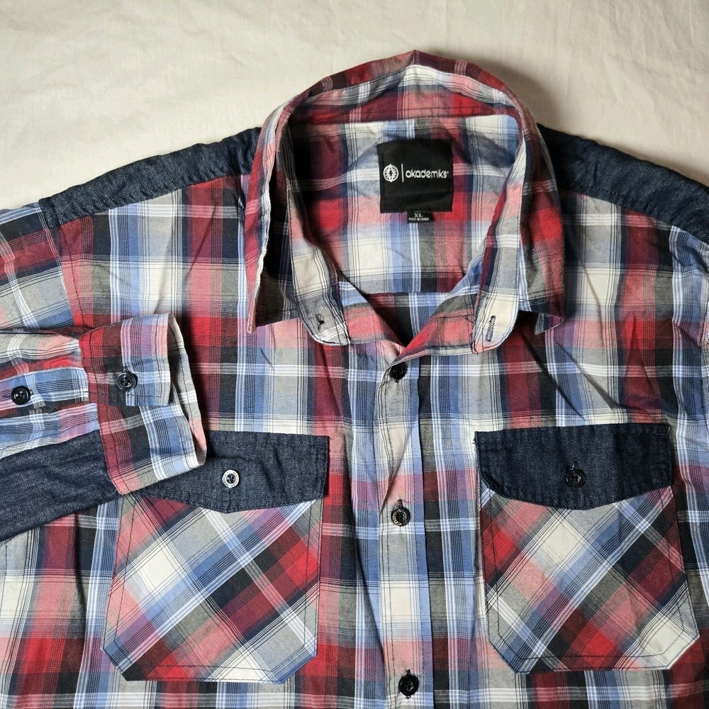 Akademiks Shirt Mens XL Red White Blue Plaid Long Sleeve Button Up Casual